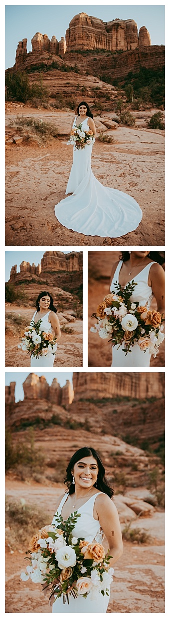 happy bride with flowers in sedona arizona