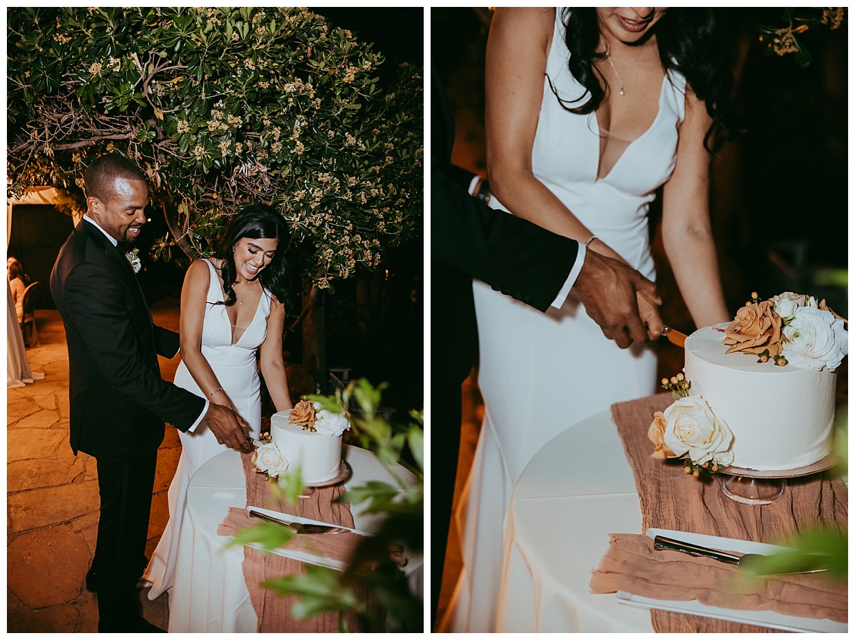 sedona bride and groom cut cake