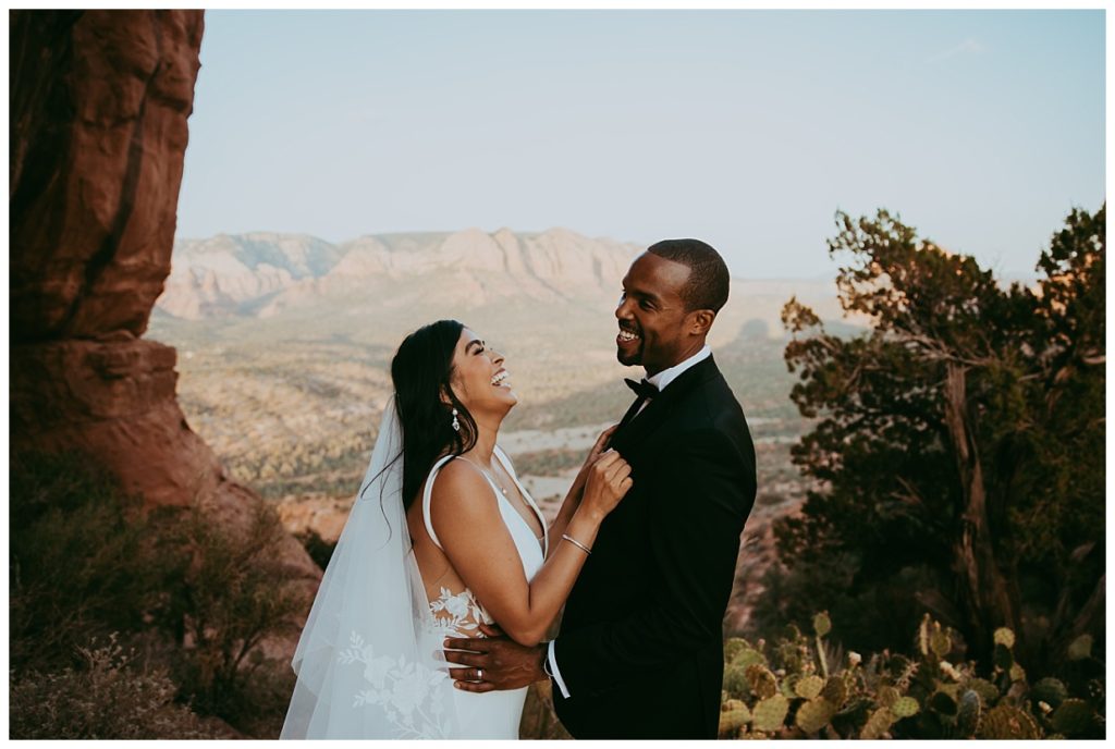 Bride and groom laughs, not worry about Sedona elopment cost