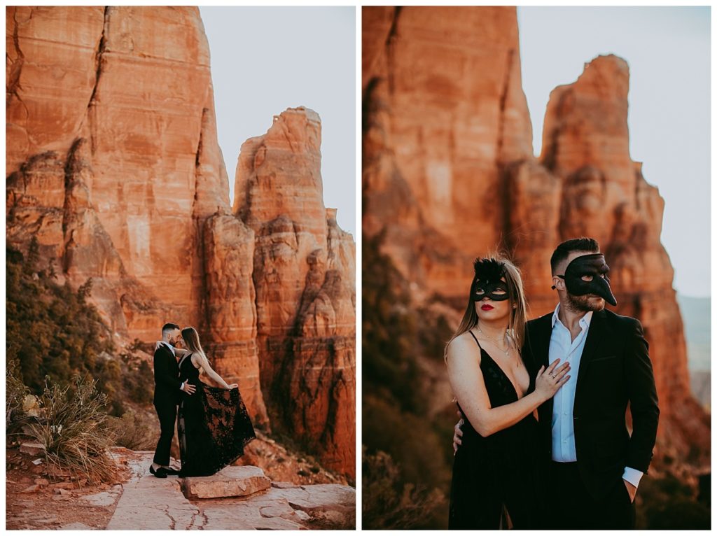 a man and woman dress up wearing masquerade masks and cocktail dinner attire at Cathedral Rock in their Sedona engagement photos