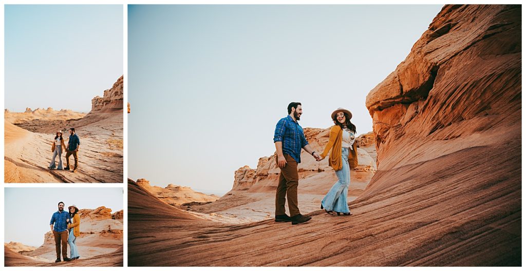 couple walks on the red rocks outside of Page Arizona