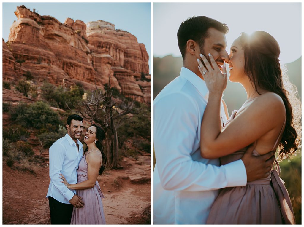 man and woman hold each other as they laugh and lean in for a kiss at Boynton Canyon Engagement in Sedona arizona