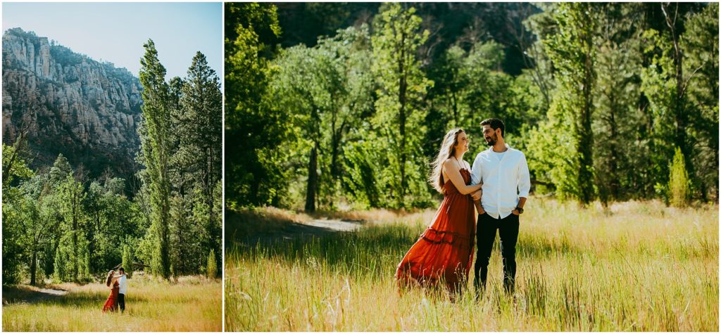 couples hold each other in grasses during oak creek canyon engagement photos