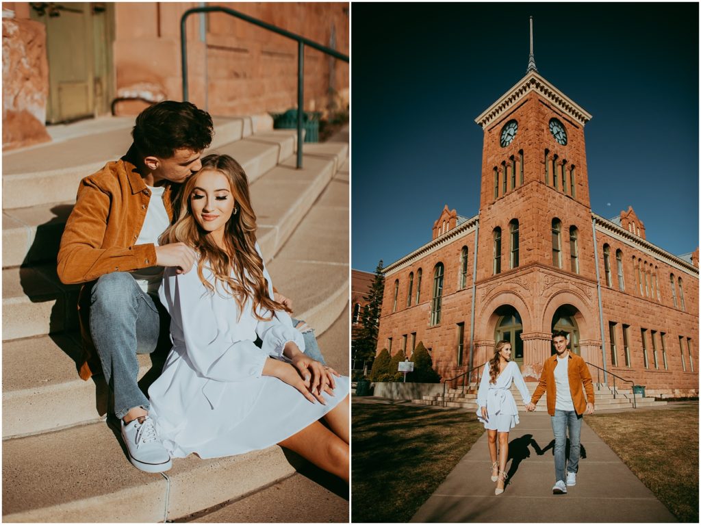 man and woman hold hands and kiss for Flagstaff engagement photos