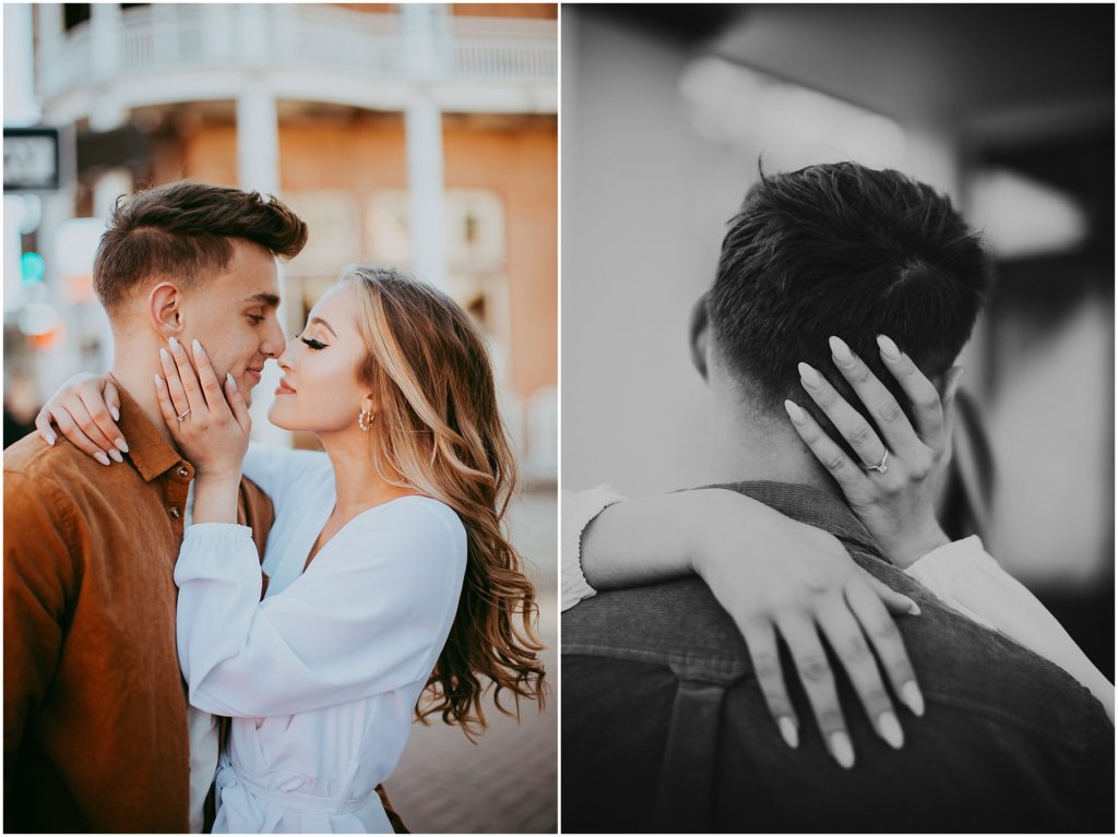 Woman holds man's head as she kisses him in Flagstaff engagement photos