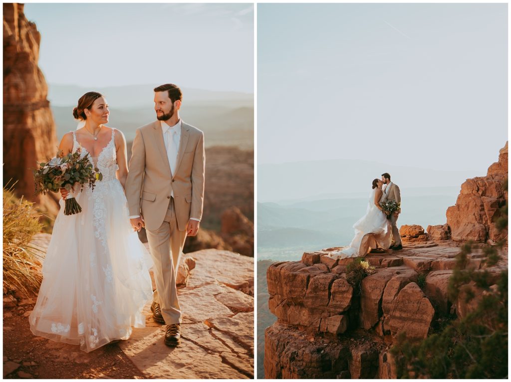 Couple kisses on ledge at Cathedral Rock