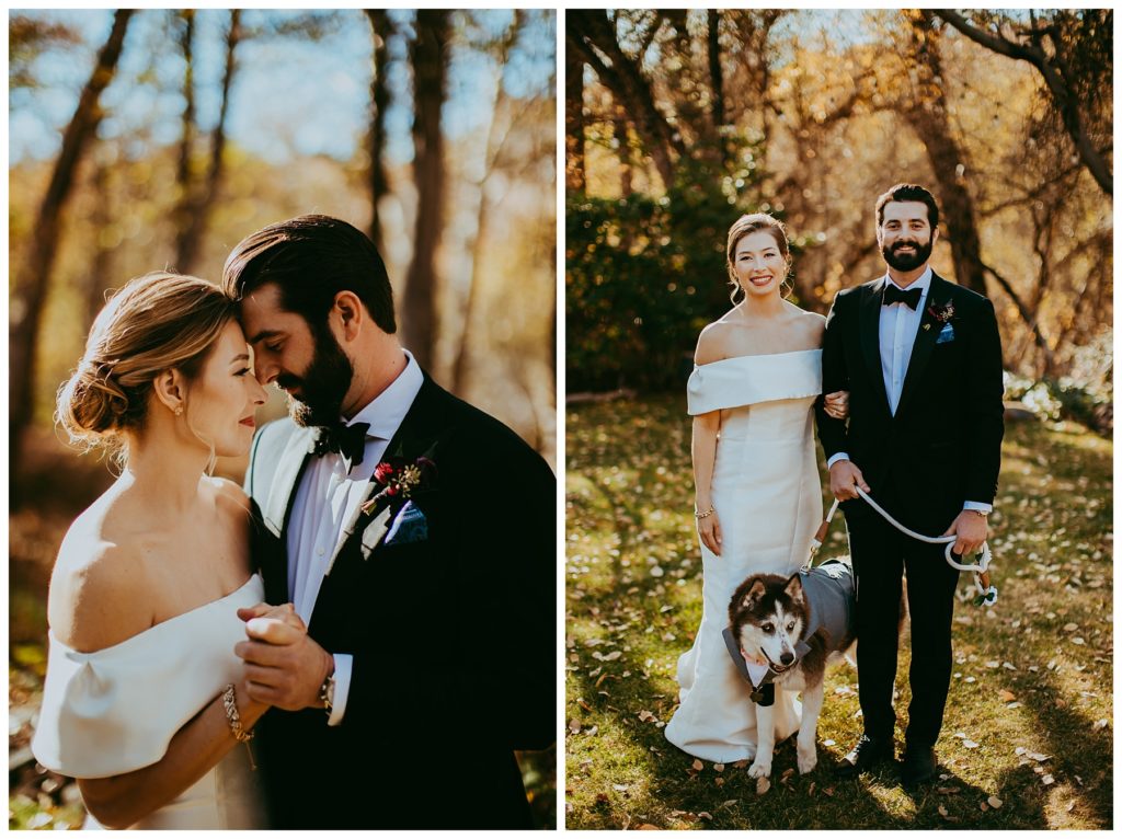 bride and groom in fall setting 