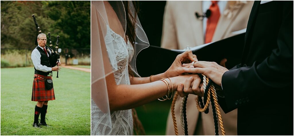 bride places wedding ring on groom's finger as man plays bag pipes