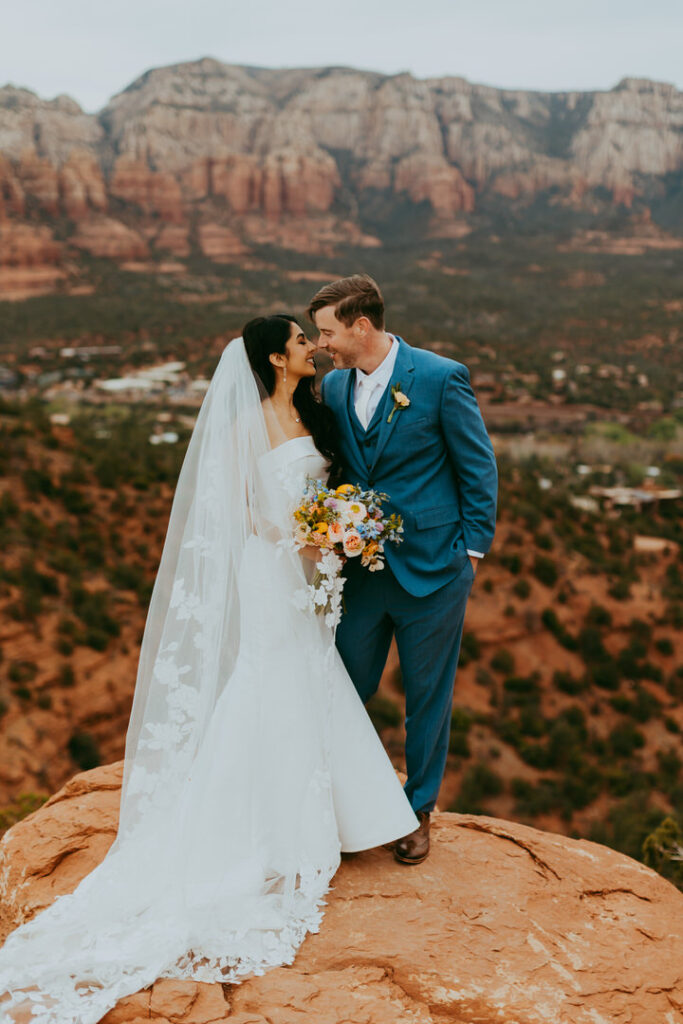 bride and groom sunset portraits at sky ranch lodge