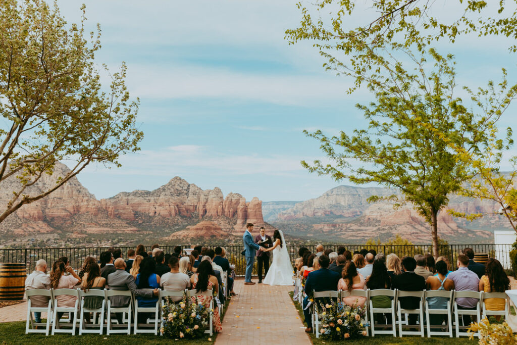 bride and groom standing at ceremony site at Sky ranch lodge in sedona arizona