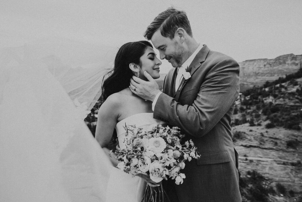 black and white photo of bride and groom in sedona arizona