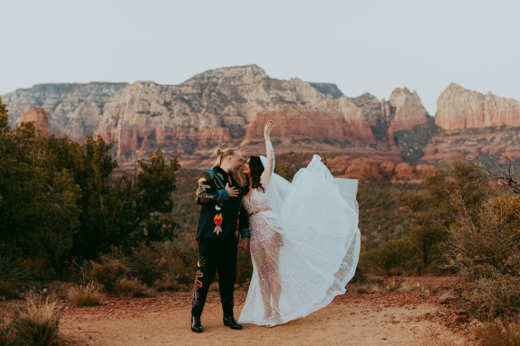 Golden Hour portraits captured my Agave of Sedona wedding photographer in the red rocks at a nearby trailhead.